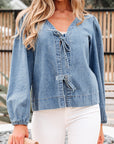 Solid Denim Tie-Front Puff Sleeve Top