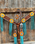 White Whipstitch Yellow and Turquoise Browband/One Ear Headstall & Breastcollar Tack Set