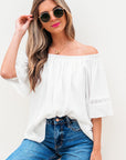 Bellamy Frilly Off Shoulder Lace Insert Sleeve Textured Blouse