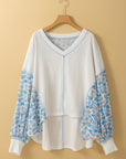 Floral Patchwork Batwing Sleeve V-Neck Blouse