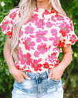 Elyse Floral Puff Sleeve Frilled Neckline Blouse
