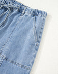 Denim Raw Hem Drawstring Wide Leg Pants