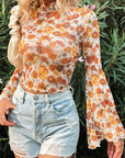 Floral Bell Sleeve Mock Neck Blouse