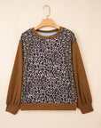 Leopard Floral Patchwork Ribbed Puff Sleeve Top