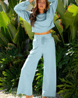 Solid Puff Sleeve Top and Drawstring Pants Set