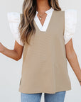 Serena Contrast V Neck Ruffled Textured Knit Top