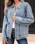 Solid Denim Scallop Collar Patch Pocket Buttoned Jacket