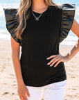 Leather Patchwork Ruffle Sleeve Blouse