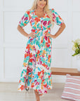 Sky Floral Knot Puff Sleeve Buttoned Front Maxi Dress