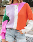 Colorblock Textured Knit Drop Shoulder Sweater