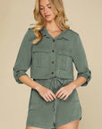 Reese Roll up Sleeve Flap Pockets Drawstring Romper