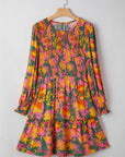 Floral Smocked Ruffle Hem Long Sleeve Mini Dress