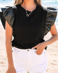 Leather Patchwork Ruffle Sleeve Blouse