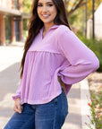 Corded V-Neck Bubble Sleeve Babydoll Blouse