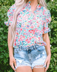 Azaria Floral Print Button Split Neck Puff Sleeve Blouse