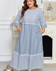 Plus Size Stripe Patchwork Lace Trim 3/4 Sleeve Maxi Dress