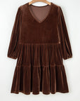 Velvet V-Neck Long Sleeve Tiered Mini Dress