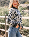 Leopard Contrast Trim Drop Shoulder Sweater