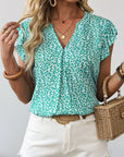 Leopard Ruffle Notched V-Neck Blouse