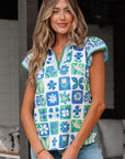 Layla Floral Plaid Colorblock Trim Collar Flutter Sleeve Blouse