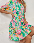 Floral Puff Sleeve Buttoned Babydoll Dress