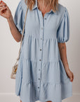 Arya Shirt Collar Button Up Puff Sleeve Tiered Dress