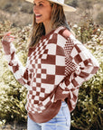 Checker Round Neck Drop Shoulder Sweater