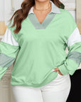Moonlight Jade Color Block Striped Patchwork Collar V Neck Plus Size Sweatshirt