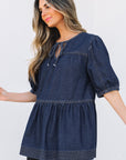 Gracelyn Puff Sleeve Lace-up Neckline Denim Blouse