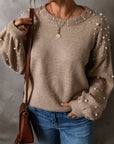 Solid Pearl Drop Shoulder Round Neck Sweater