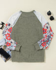Floral Ribbed Patchwork Long Sleeve Blouse