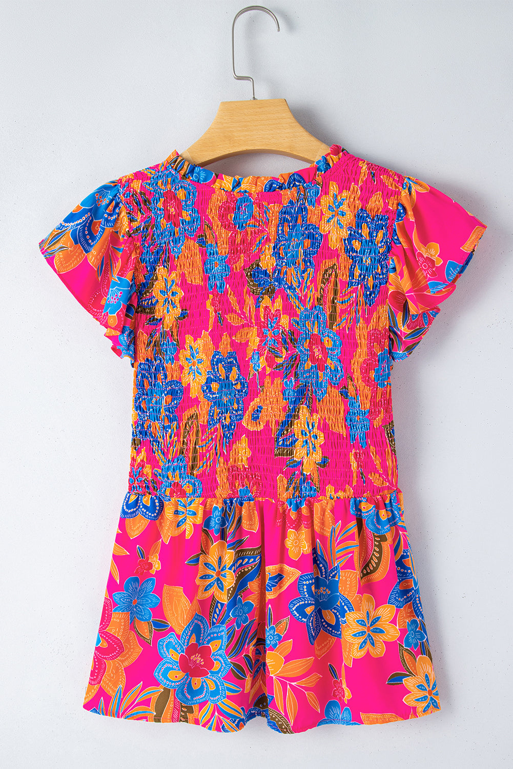 Zaniyah Floral Smocked Ruffle Trim Flutter Sleeve Blouse