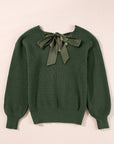 Bow Back Lantern Sleeve V-Neck Sweater