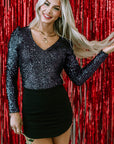 Gia Sequin V Neck Zipped Long Sleeve Bodysuit