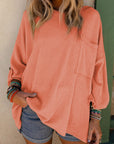 Jade Ribbed Roll-tab Sleeve Chest Pocket Oversize Top
