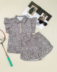 Leopard Half Zipper Collared Ruffled Sleeve Top and Short Set