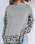 Leopard Mock Neck Side Slit Sweater