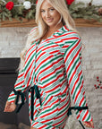 Christmas Stripe Velvet Bow Cuffs Pajama Set