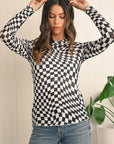 Checkered Pattern Mesh Long Sleeve Top
