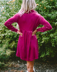 Velvet Button-Up Long Sleeve Ruffle Dress