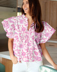 Floral Ruffle Sleeve V-Neck Blouse
