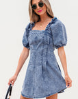 Celia Square Neck Bustier Puff Sleeve Short Denim Dress