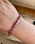 Red Coral Cuff Bracelet – Native Made by Russell Sam, Sterling Silver