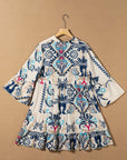 Boho 3/4 Sleeve Buttoned Mini Dress
