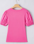 Pearl Beaded Ribbed Puff Sleeve Top