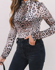 Leopard Smocked Neck Mesh Bodysuit