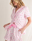 Bowknot Print Shirt and Ruffle Hem Shorts Pajama Set
