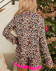 Leopard Contrast Trim Shirt and Ruffle Hem Short Set