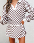 Checker Long Sleeve Top and Drawstring Mini Skirt Set