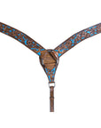 HILASON Western Horse Leather Headstall & Breast Collar Set Floral Brown Turquoise Inlay